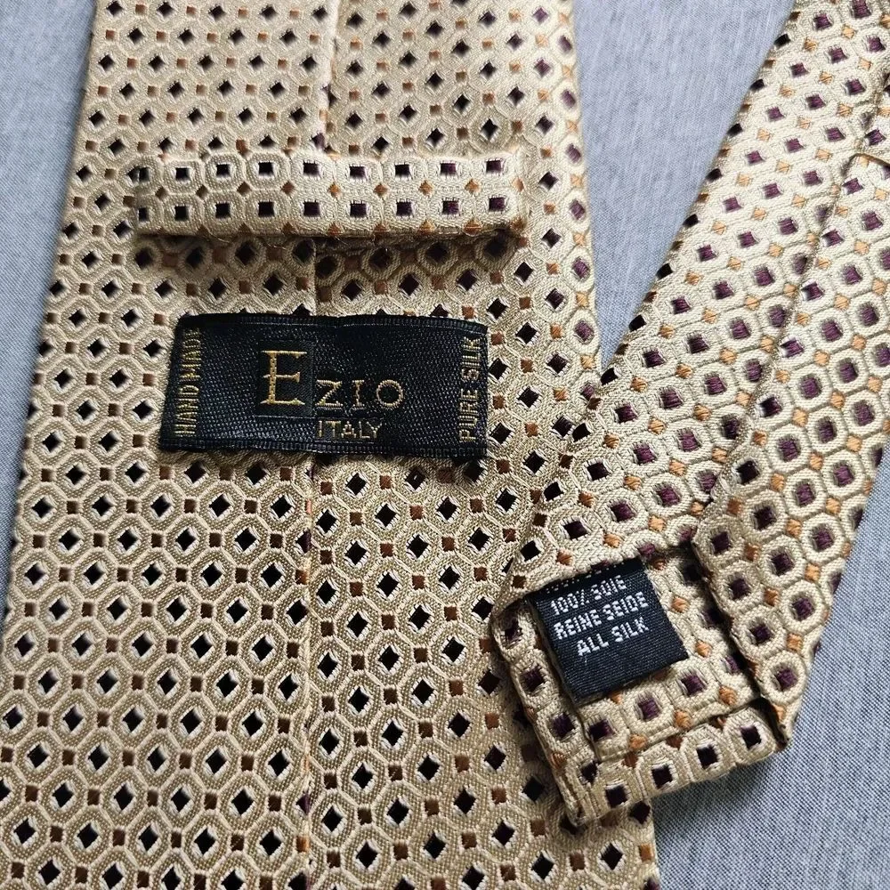 Ezio Silk Neck Tie Tan Gold Diamond Geometric Print Hand Made Italy 4